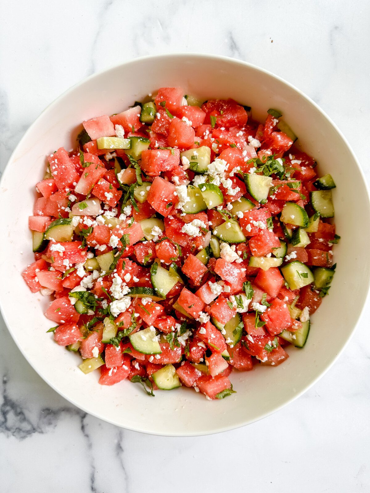 Watermelon Salad with Cucumber, Feta and Honey-Lime Dressing