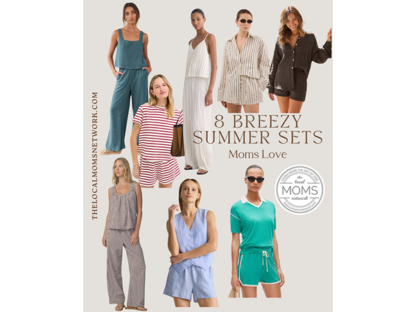 Eight women modeling Breezy Summer Sets for moms on a beach-themed background.
