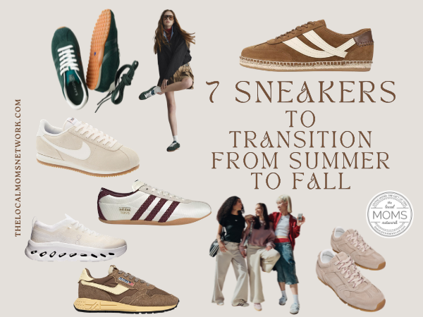 Sneakers for transition from summer to fall with moms and kids in casual outfits.