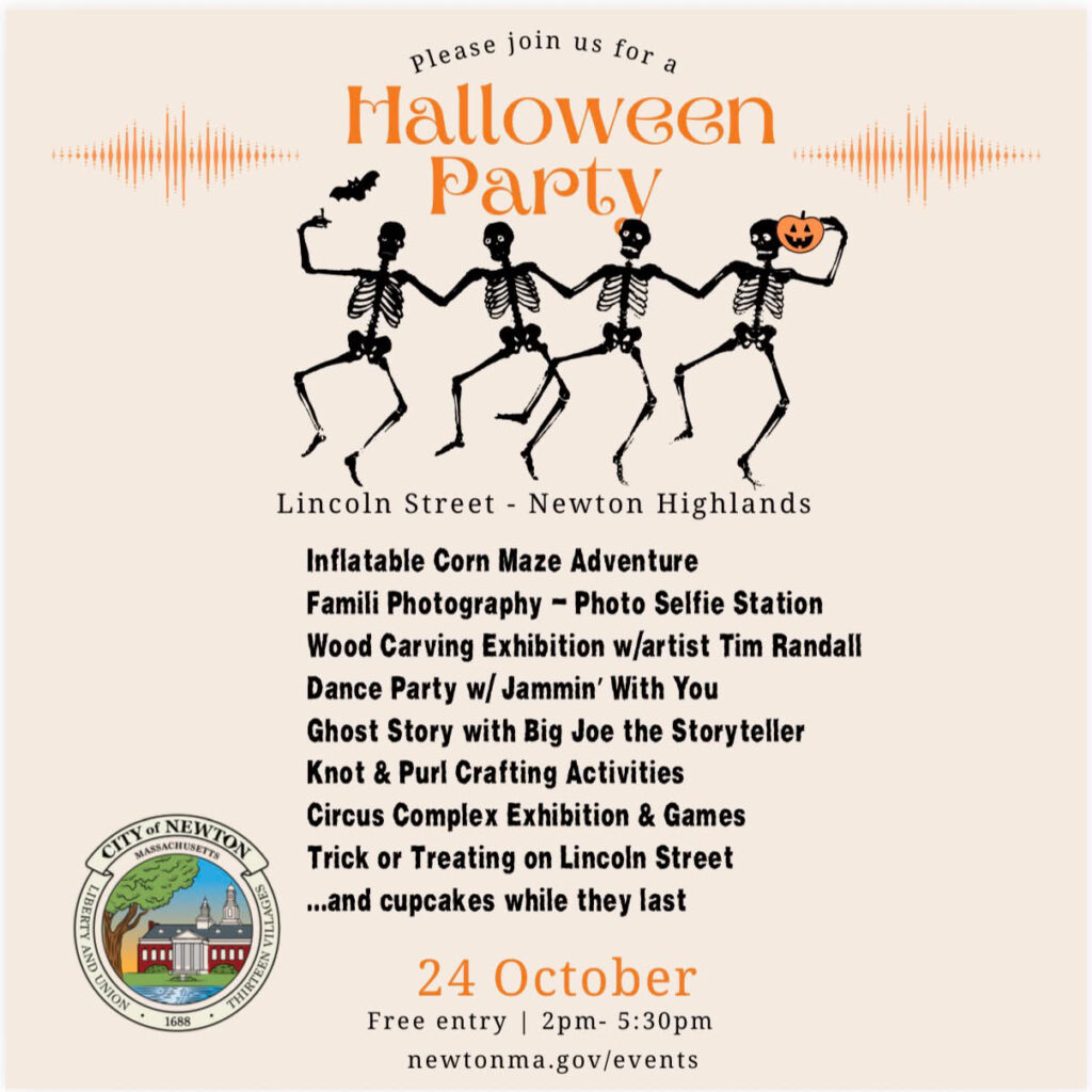 Halloween party flyer with skeletons, pumpkin, and event details in Newton Highlands.
